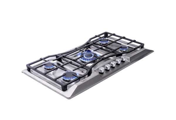 Plaque de cuisson beq à gaz 5 foyers Inox 90 cm vue d'ensemble, design élégant en inox, idéal pour les cuisines modernes et spacieuses