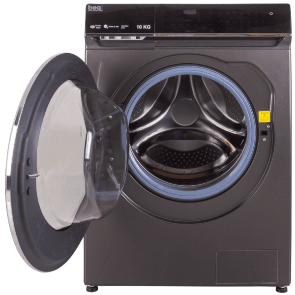 Machine à laver beq 10Kg BEQ03B1024 gris avec tambour spacieux et portes ouvertes, idéal pour de grandes quantités de linge