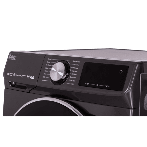 Panneau de contrôle intuitif de la machine à laver beq 10Kg BEQ01C1024, avec options de lavage variées pour différents types de linge